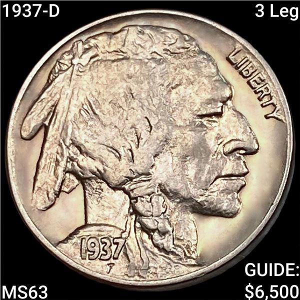 1937-D 3 Leg Buffalo Nickel CHOICE BU
