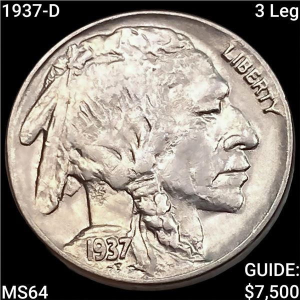 1937-D 3 Leg Buffalo Nickel CHOICE BU