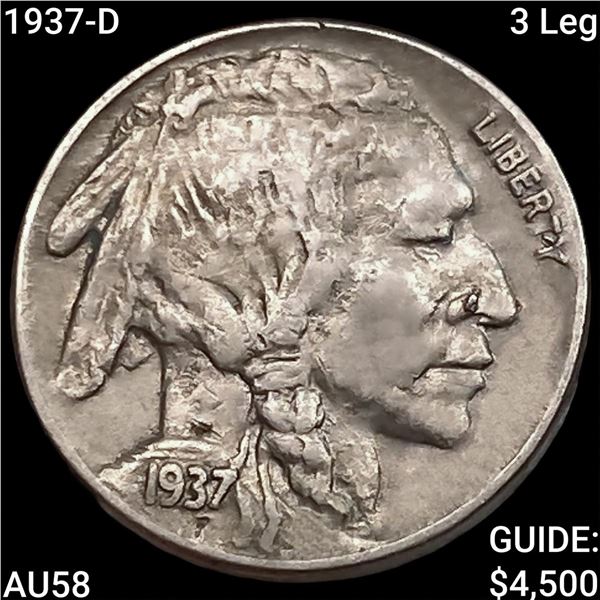 1937-D 3 Leg Buffalo Nickel CHOICE AU