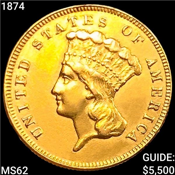 1874 $3 Gold Piece UNCIRCULATED