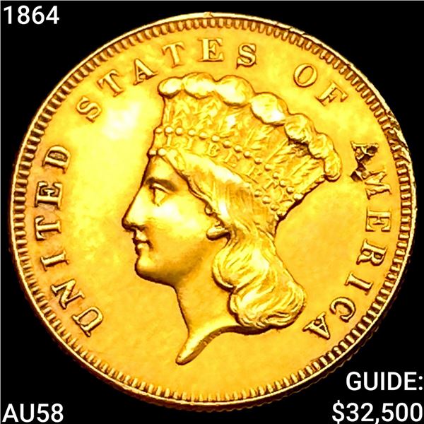 1864 $3 Gold Piece CHOICE AU