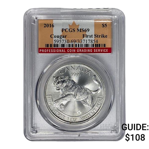 2016 Canada Silver $5 Dollar Cougar PCGS MS69 First Strike