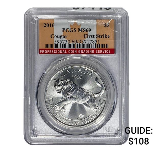 2016 Canada Silver $5 Dollar Cougar PCGS MS69 First Strike