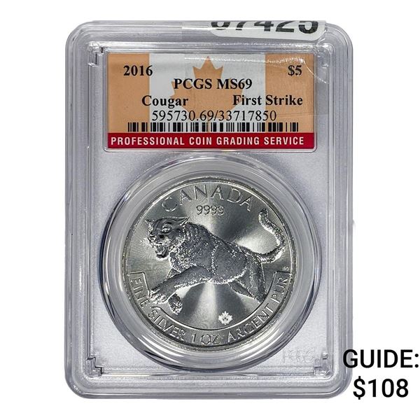 2016 Canada Silver $5 Dollar Cougar PCGS MS69 First Strike