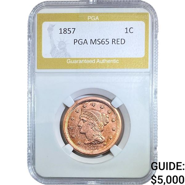 1857 Braided Hair Large Cent PGA MS65 Red