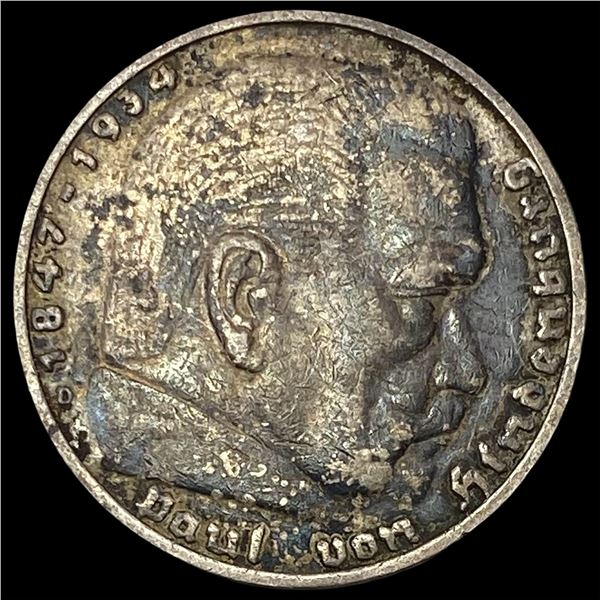 1936-A Germany Silver 5 Reichsmark NEARLY UNCIRCULATED