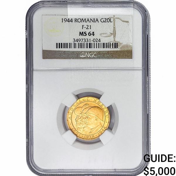 1944 Romania .1895oz Gold 20 Lei NGC MS64