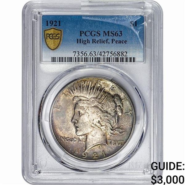 1921 Silver Peace Dollar PCGS MS63 High Relief