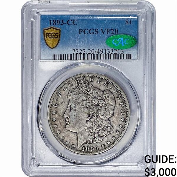1893-CC CAC Morgan Silver Dollar PCGS VF20