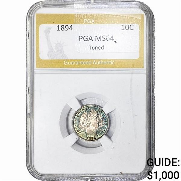 1894 Barber Dime PGA MS64 TONED