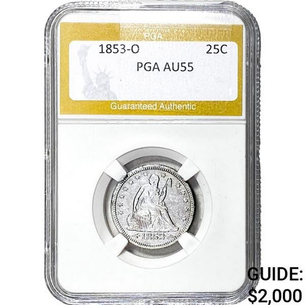 1853-O Seated Liberty Quarter PGA AU55