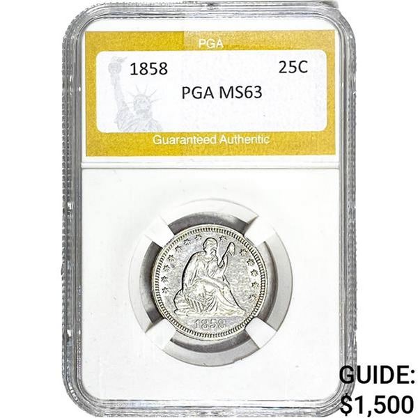 1858 Seated Liberty Quarter PGA MS63