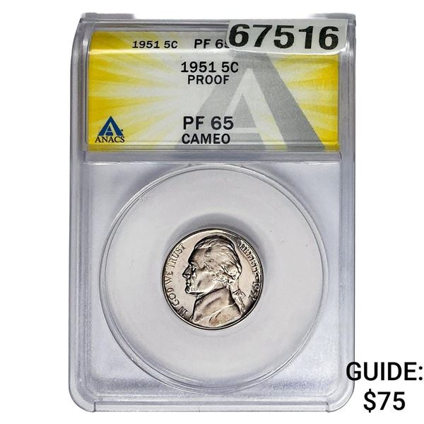 1951 Jefferson Nickel ANACS PF65 Proof Cameo