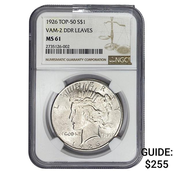 1926 Silver Peace Dollar NGC MS61 Top-50 Vam-2 DDR :eaves