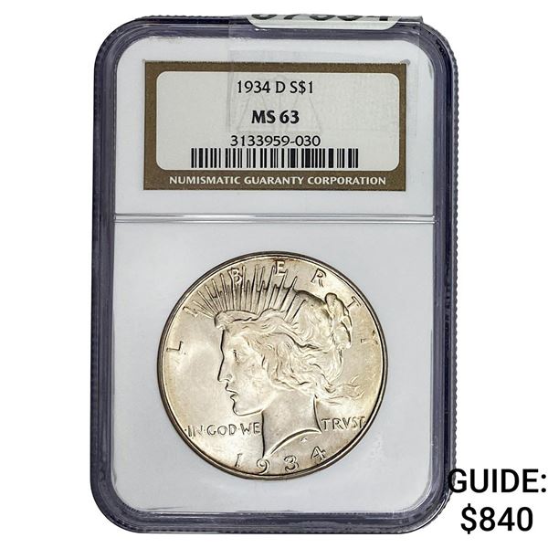 1934-D Silver Peace Dollar NGC MS63