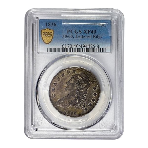 1836 Capped Bust Half Dollar PCGS XF40 50/00, Lettered Edge