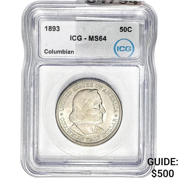 1893 Columbian Expo Half Dollar ICG MS64