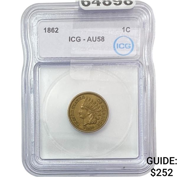 1862 Indian Head Cent ICG AU58