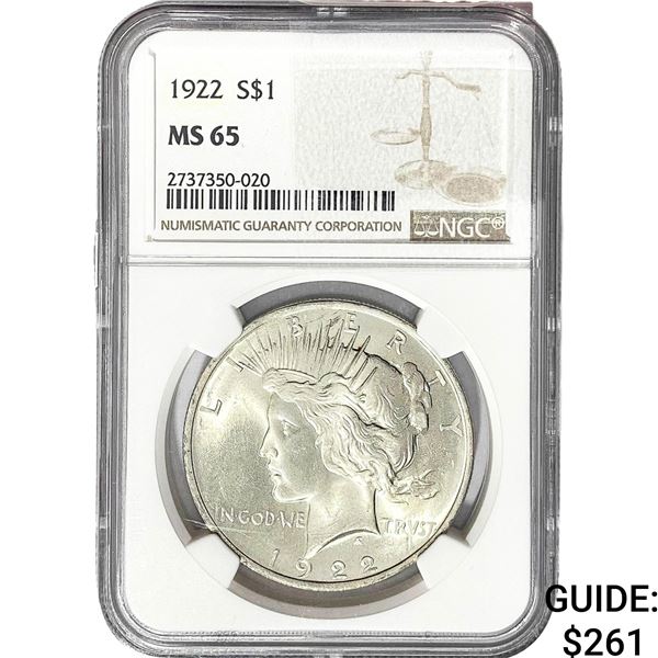 1922 Silver Peace Dollar NGC MS65