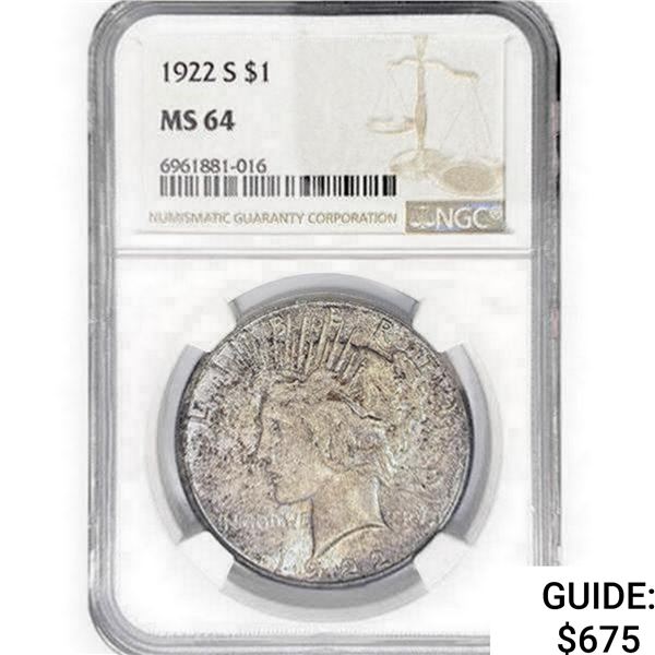 1922-S Silver Peace Dollar NCG MS64