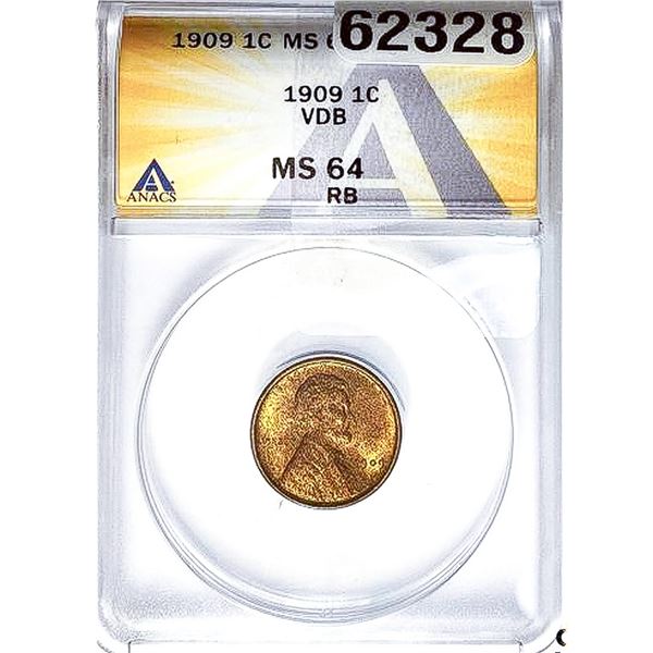1909 Wheat Cent ANACS MS64 RB, VDB