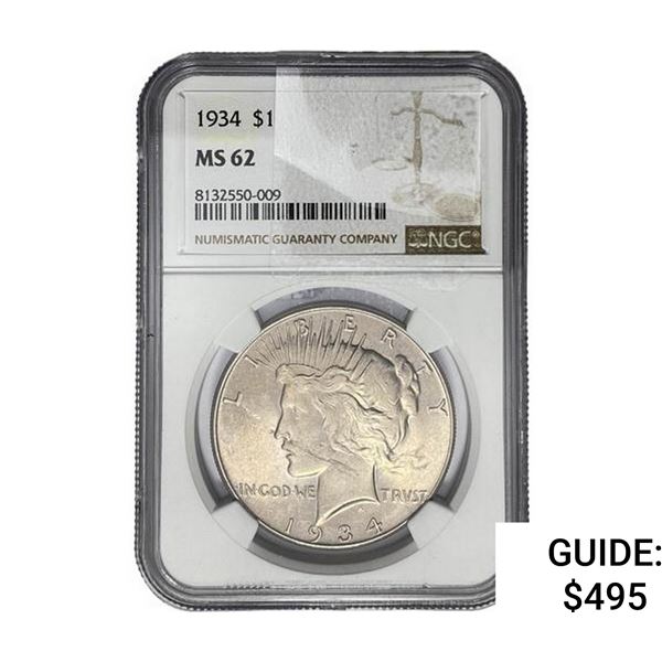 1934 Silver Peace Dollar NGC MS62