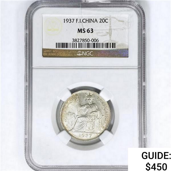 1937 20C .12oz F.I. China Silver NGC MS63