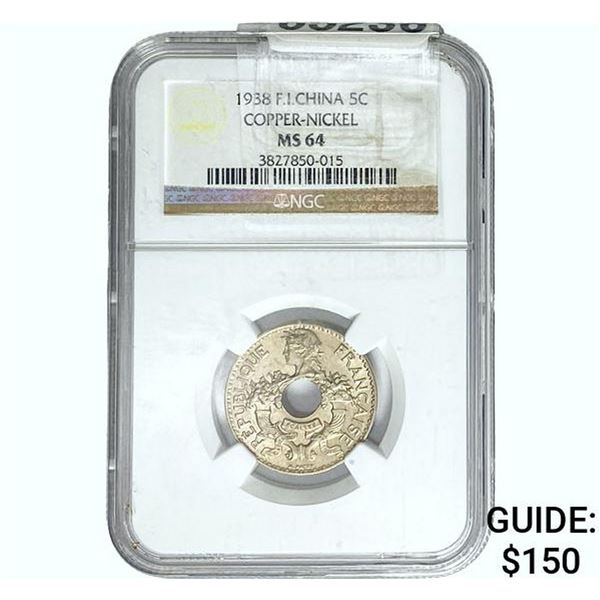 1938 F.I. 5C China Copper-Nickel NGC MS64