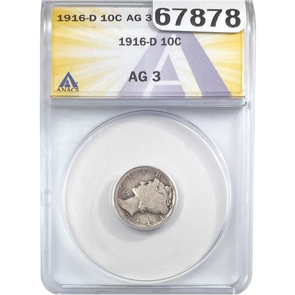 1916-D Mercury Silver Dime ANACS AG3