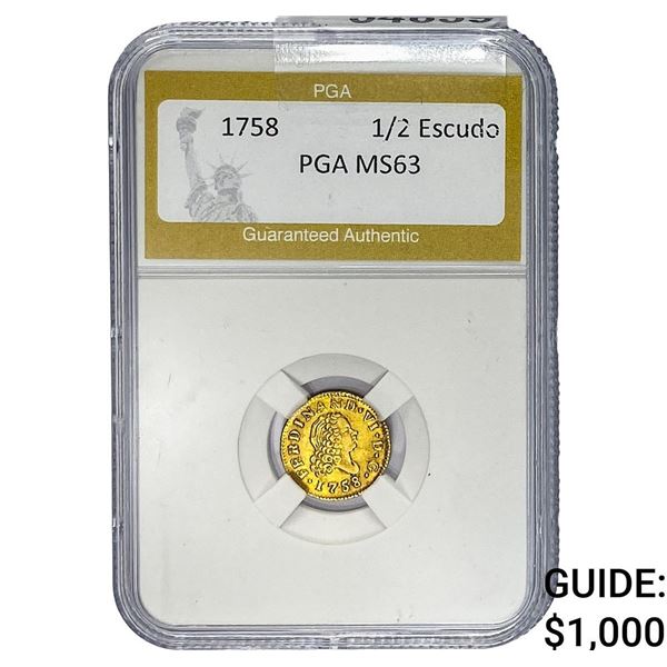 1758 Portugal 1/2 Escudo Gold .0498oz PGA MS63