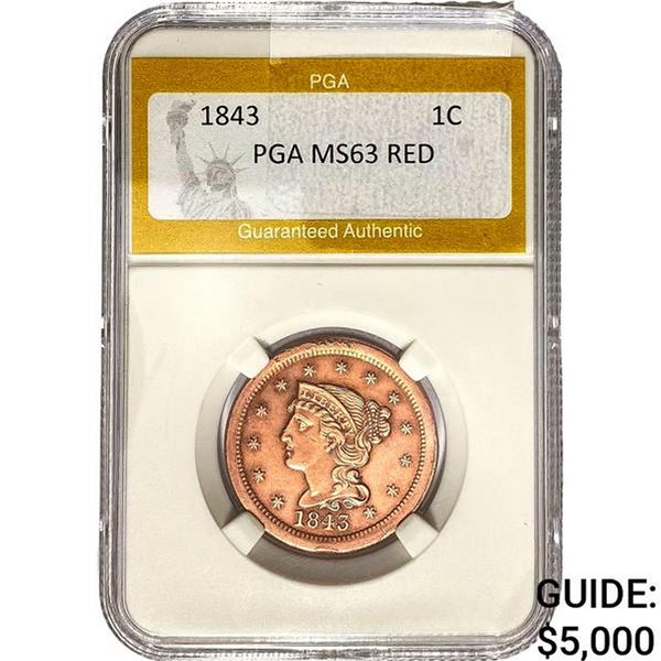 1843 Braided Hair Large Cent PGA MS63 Red