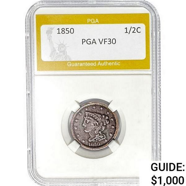 1850 Braided Hair Half Cent PGA VF30