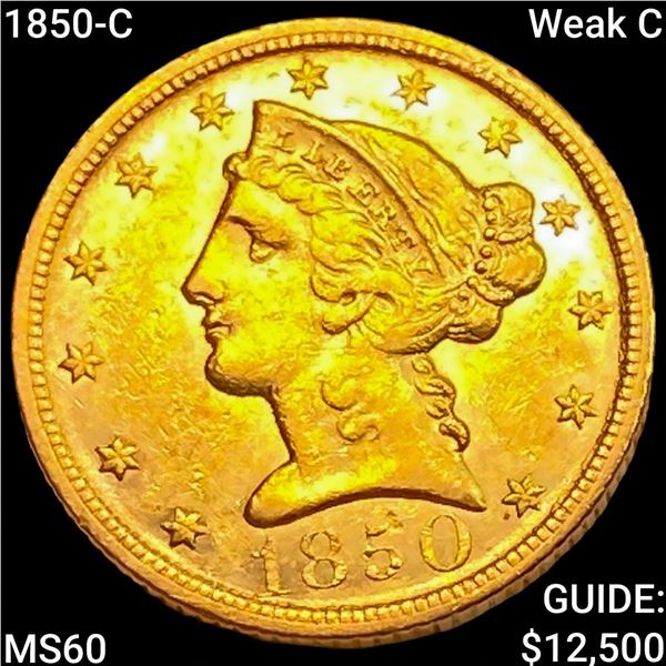 1850-C Weak C $5 Gold Half Eagle UNCIRCULATED