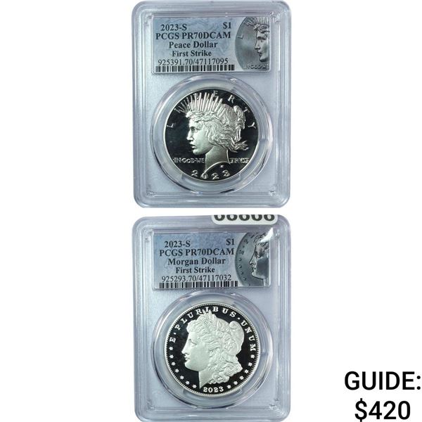 [2 Coins] 2023-S Silver Morgan and Peace Dollar PCGS PR70 DCAM