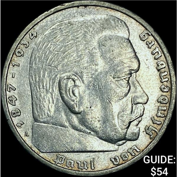 1935-A Germany Silver 5 Reichsmark CHOICE AU