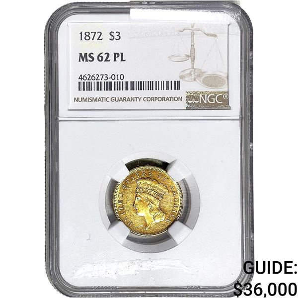 1872 $3 Gold Piece NGC MS62 PL