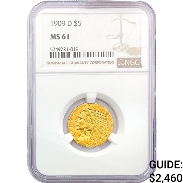 1909-D $5 Gold Half Eagle NGC MS61