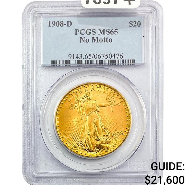 1908-D $20 Gold Double Eagle PCGS MS65 No Motto