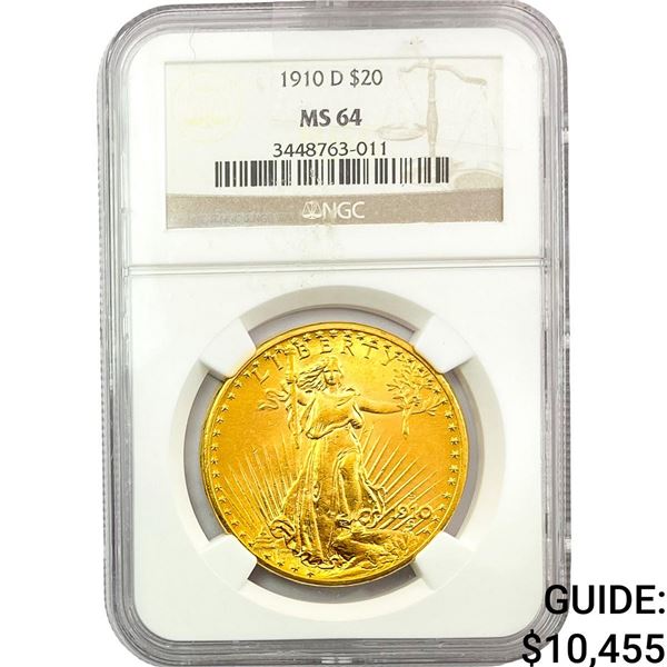 1910-D $20 Gold Double Eagle NGC MS64