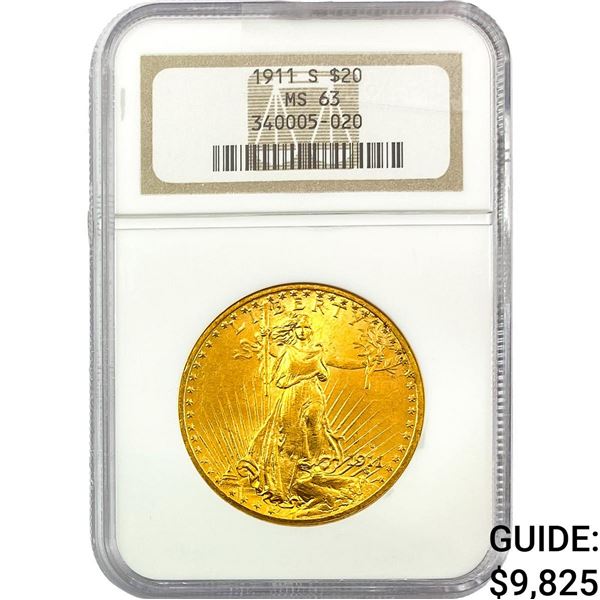 1911-S $20 Gold Double Eagle NGC MS63