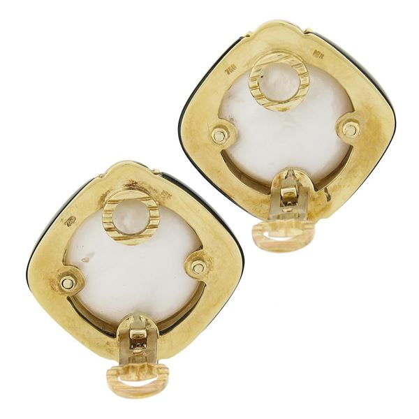 Vintage 18K Gold Large Mabe Pearl Diamond & Black Onyx Frame Button Earrings