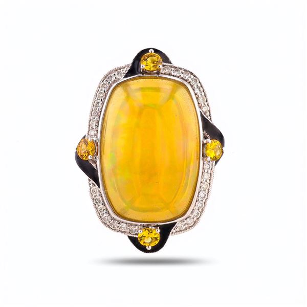 7.76 ctw Opal, 0.48 ctw Yellow Sapphire and 0.26 ctw Diamond Platinum Ring