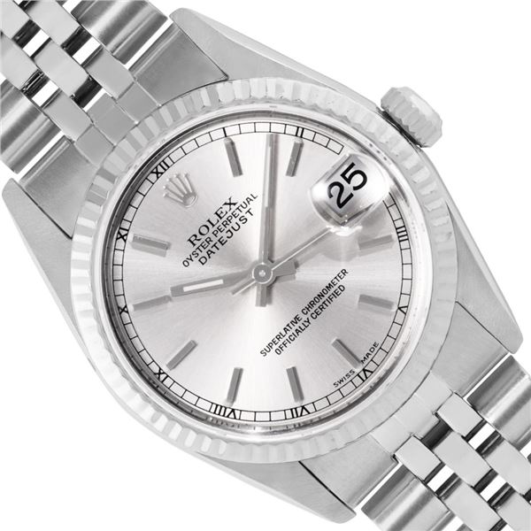 Rolex Ladies Stainless Steel Midsize 31MM Silver Index 18K Gold Fluted Bezel Dat