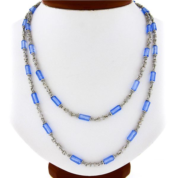 Judith Ripka 18K Gold Blue Topaz Faceted Tube w/ Diamond 36" Long Chain Necklace