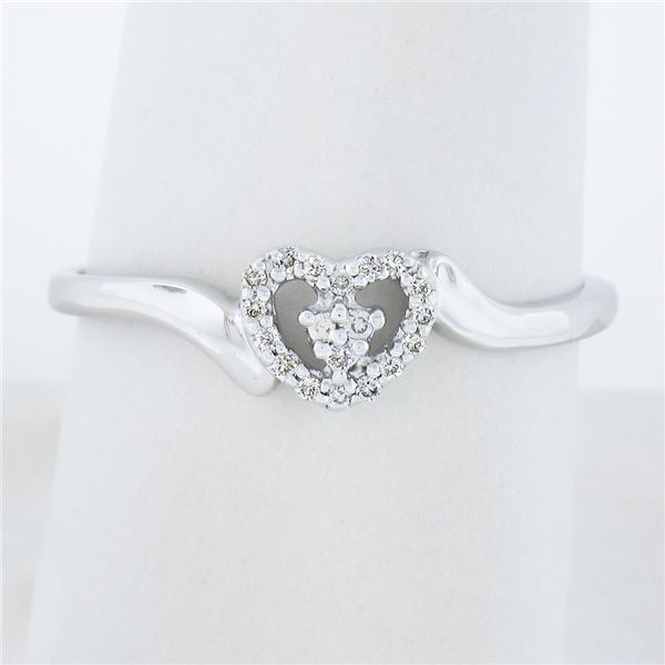 Solid 14K White Gold Polished Open Heart Band Ring w/ 0.25 ctw Pave Set Diamonds