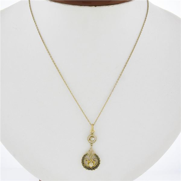 Antique Gold 0.14 ctw Diamond Open Work Floral Drop Dangle Lavalier Pendant