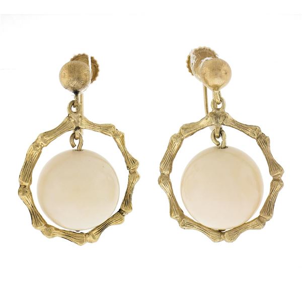 Vintage 14k Gold Pink Angel Skin Coral Textured Bamboo Drop Screw Back Earrings