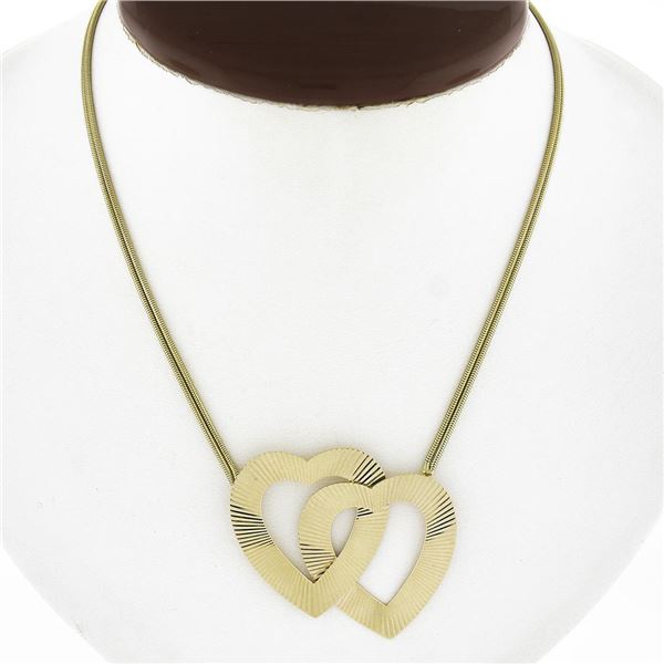 Tiffany & Co. 14K Gold Interlocking Fluted Heart Slide Pendant Dual Snake Chain