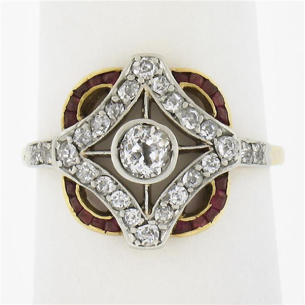 Antique Edwardian 14k Gold & Platinum Old European Diamond & Calibre Ruby Ring