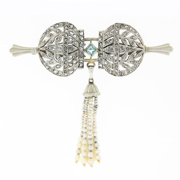 Antique Belle Epoque Plat 10k Gold Diamond Blue Stone Pin Brooch w/ Pearl Dangle